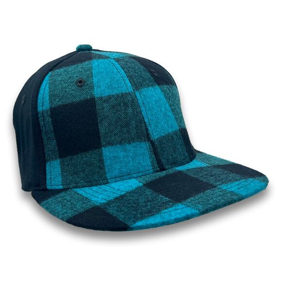 Plaid Teal Baseball Cap Flat Bill One Size Flex Fitting Spandex Lumberjack Hat - Picture 7 of 9